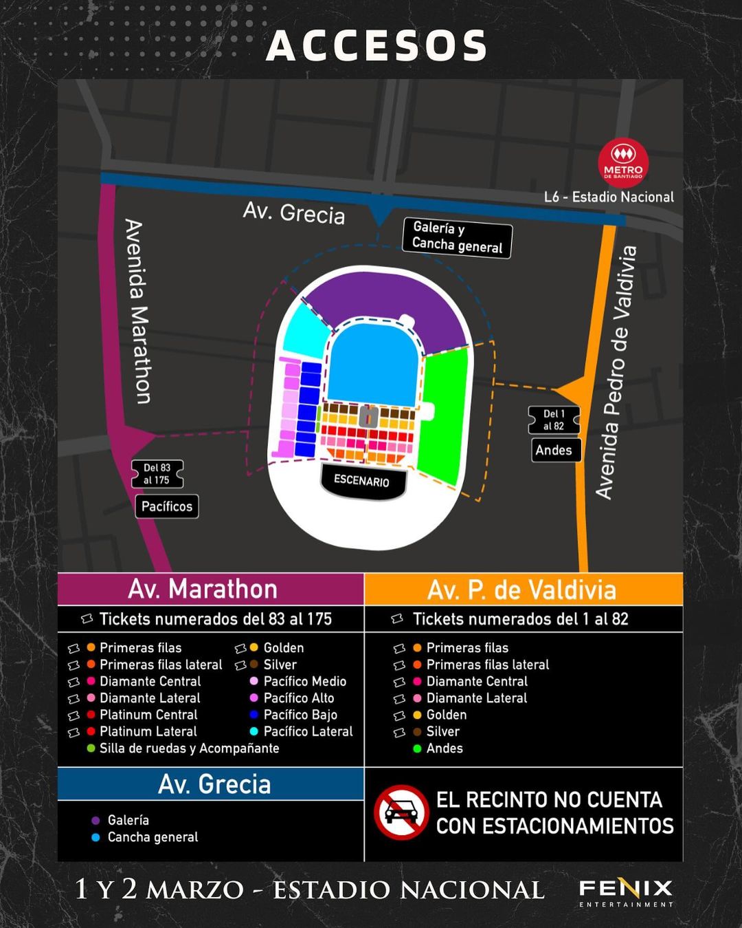 mapa con los accesos al estadio nacional para luis miguel